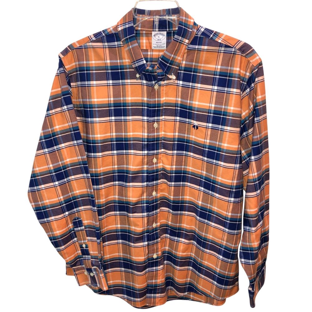 Brooks Brothers 1818 Regent Mens Sz XL Non Iron Supima Cotton Orange Plaid Shirt